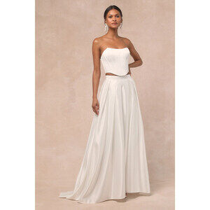 Lulus Angelica White Satin Strapless Three-piece Maxi Dress - Size M